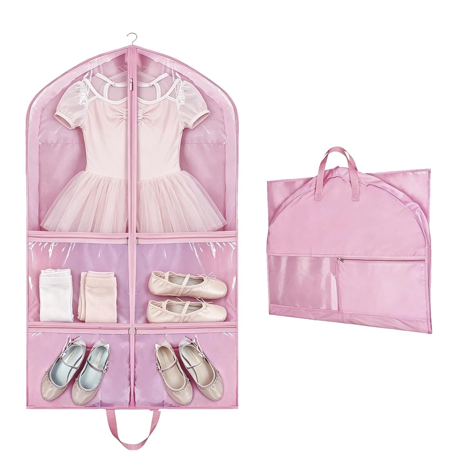 Pink Dance Costume Bag 60x100cm, Foldable Dress Bag with Zipper Pockets, Costume Garment Bags for Dancers, Travel Suit Cover for Dancers & Competitions