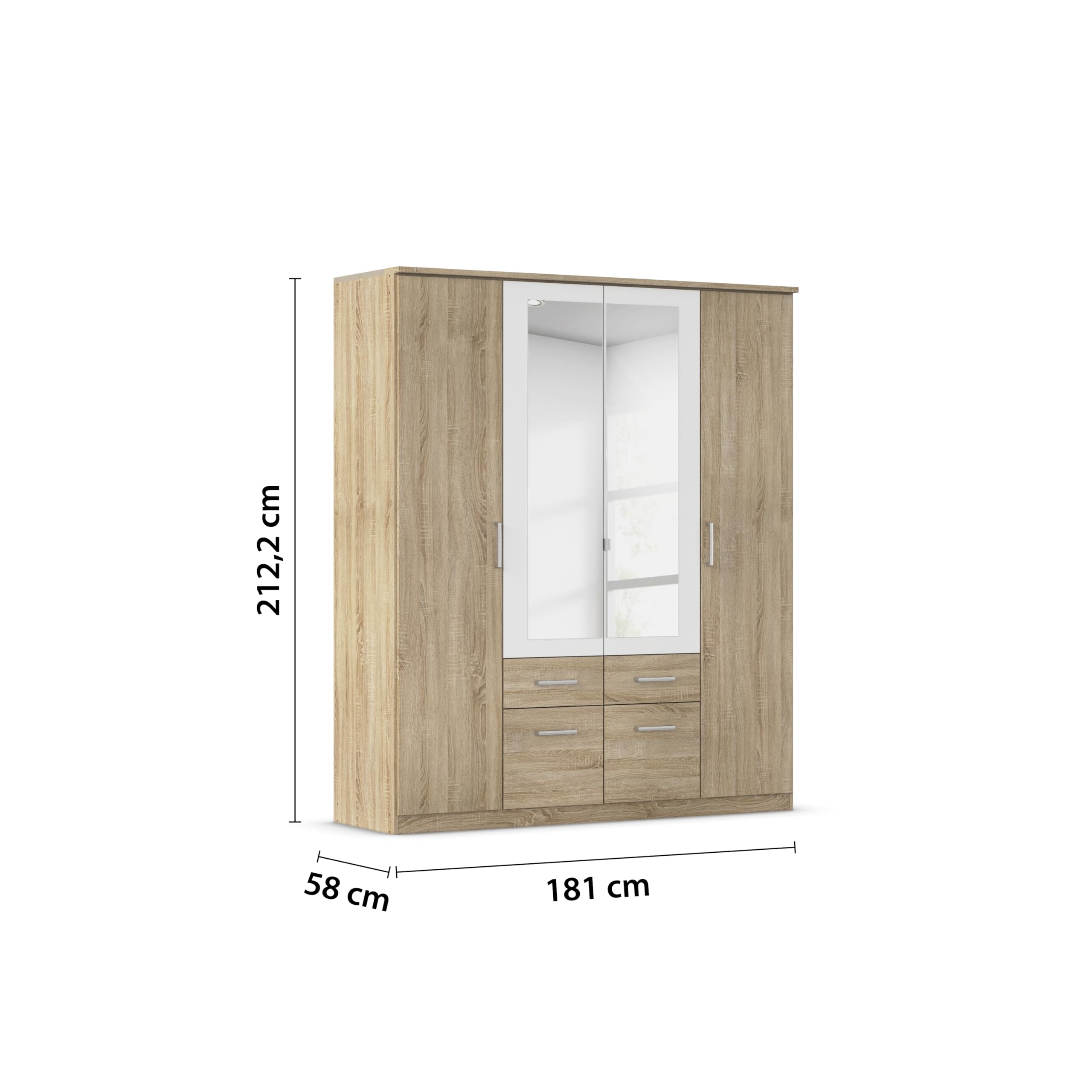 Rauch Möbel Burano Schlafzimmer, bestehend aus 1 Bett Liegefläche 180x200cm, 2 Nachttischen 40x36x40cm, 1 Schrank mit Spiegel und Kranzblende 181x212x54cm, Farbe Eiche Sonoma mit Absetzung in Weiß