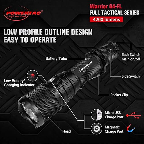 Miniatura 8 de PowerTac Warrior G4-FL - Linterna táctica de mano de 4200 lúmenes (haz ancho), linterna de mano de alto lúmenes, impermeable, linterna recargable