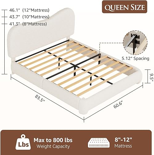 Miniatura 2 de Kelway Base de cama tamaño Queen Boucle tapizada con cabecera ajustable curvada, no necesita somier, color beige
