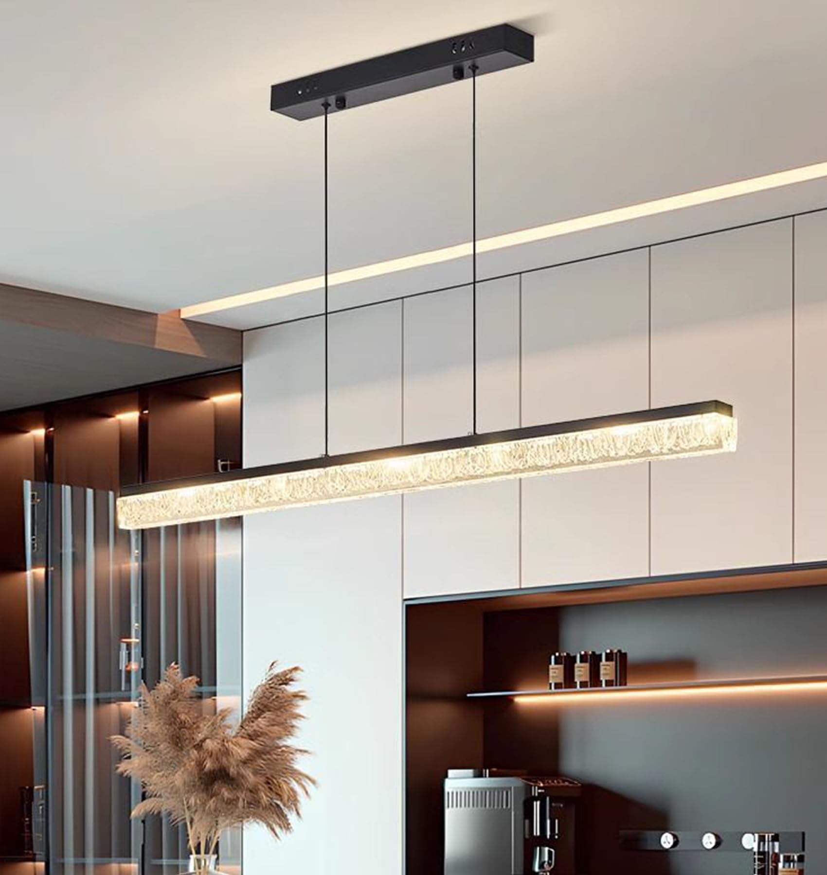 DDYY 100cm Modern LED Pendant Light Dimmable Hanging Lamp Dining Table Black,Linear Design,with Remote Control,40W Dining Room Lamp Hanging Height Adjustable,Dining Table,Office (100cm/40w)