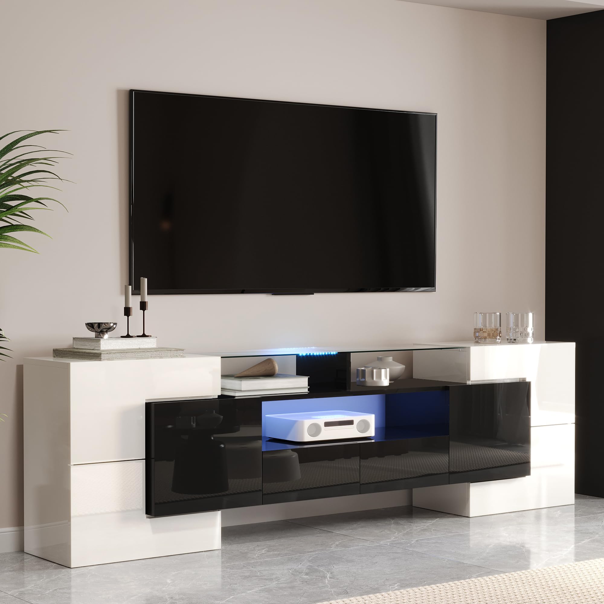 Lowboard per TV moderna, larghezza 200 cm, bianco lucido e grigio, con illuminazione LED RGB, 6 ante e 2 cassetti, armadietto multimediale (bianco+nero + MDF)