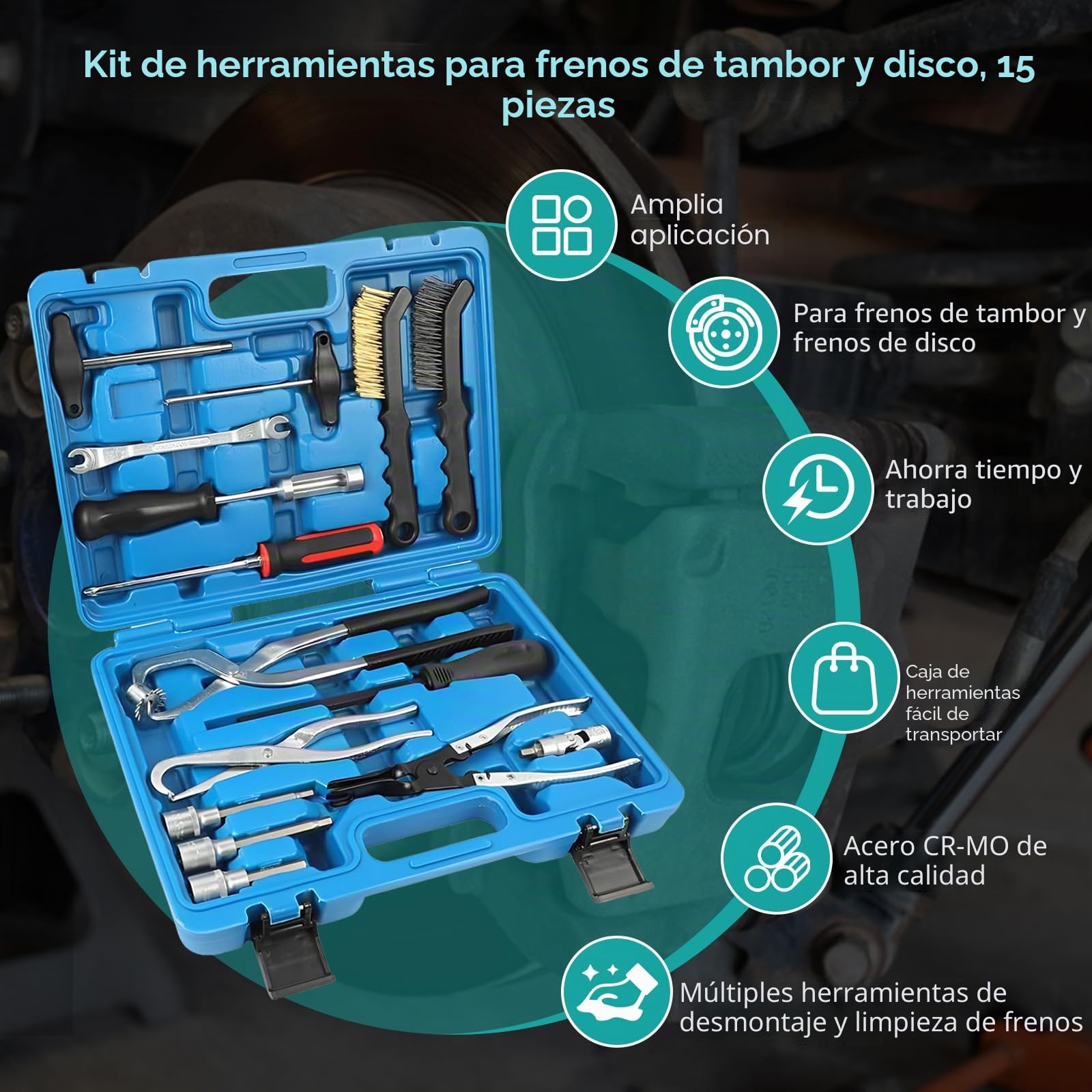 LIROPAU Juego de herramientas de tambor de freno de 15 piezas, juego de herramientas para tambor de freno para cambiar/limpiar sistemas de freno de disco y tambores