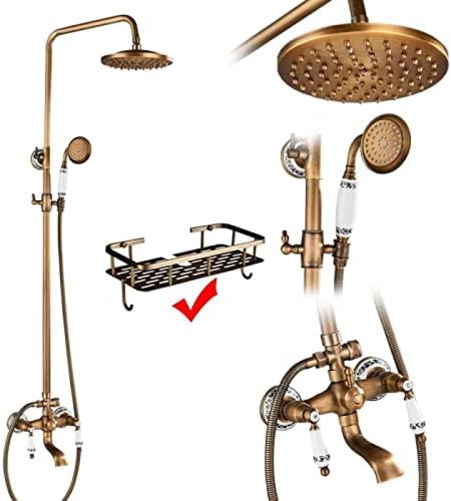 GLJTUO Shower system, Brass Antique Shower 8 Inch Faucets Set Porcelain Ceramic Shower Column Swivel Rotate Bath Spout Dual Knobs Mixer Tap Bath Shower Kit,Antique Brass A02,Age,Aged Brass A02