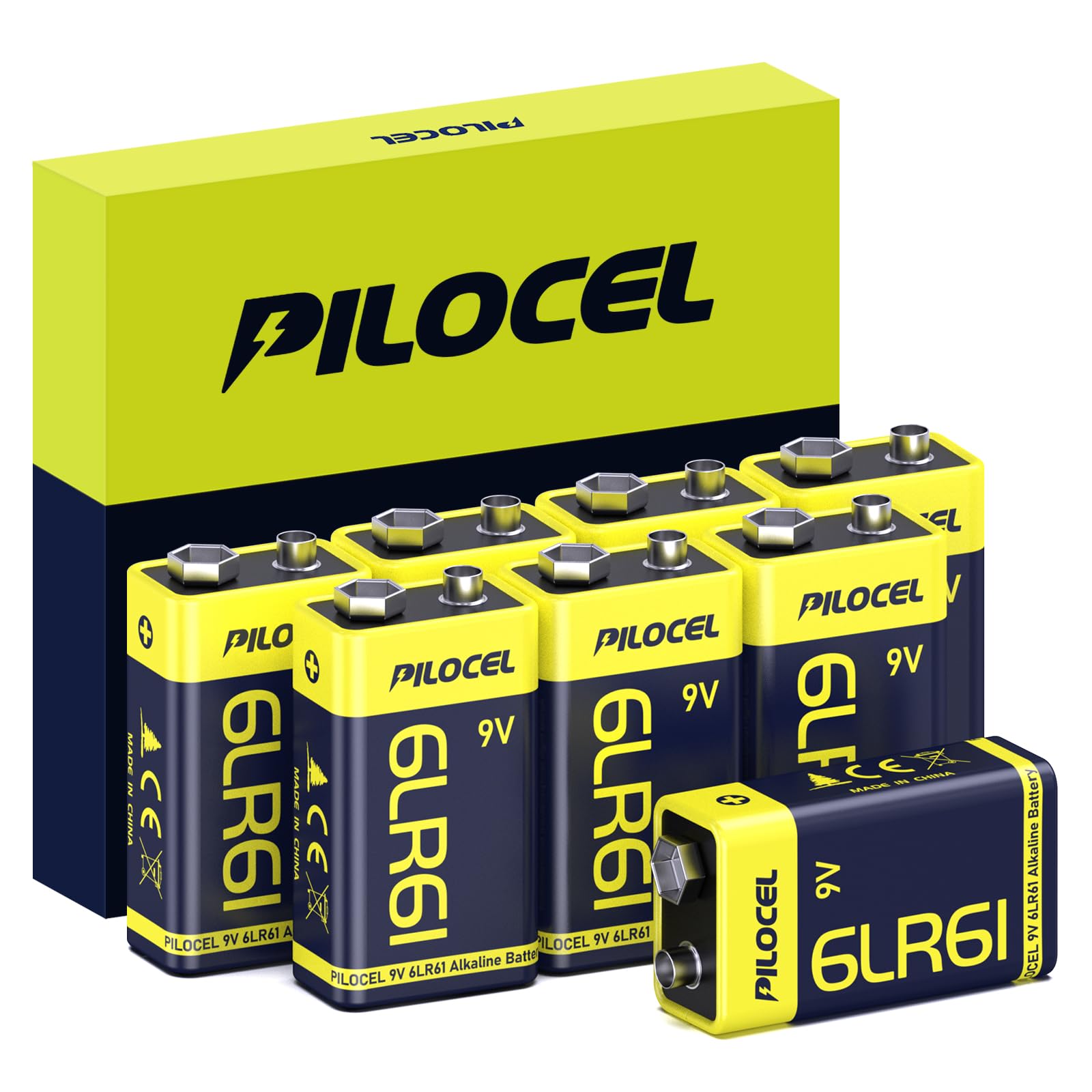 PILOCEL 9V Batteries 8 Pack, Alkaline 9 Volt Battery, Long-Lasting Square 9V Batteries, 10-Year Shelf Life 6LR61 for Smoke Detector, Electric Guitar, Monitor, Radio