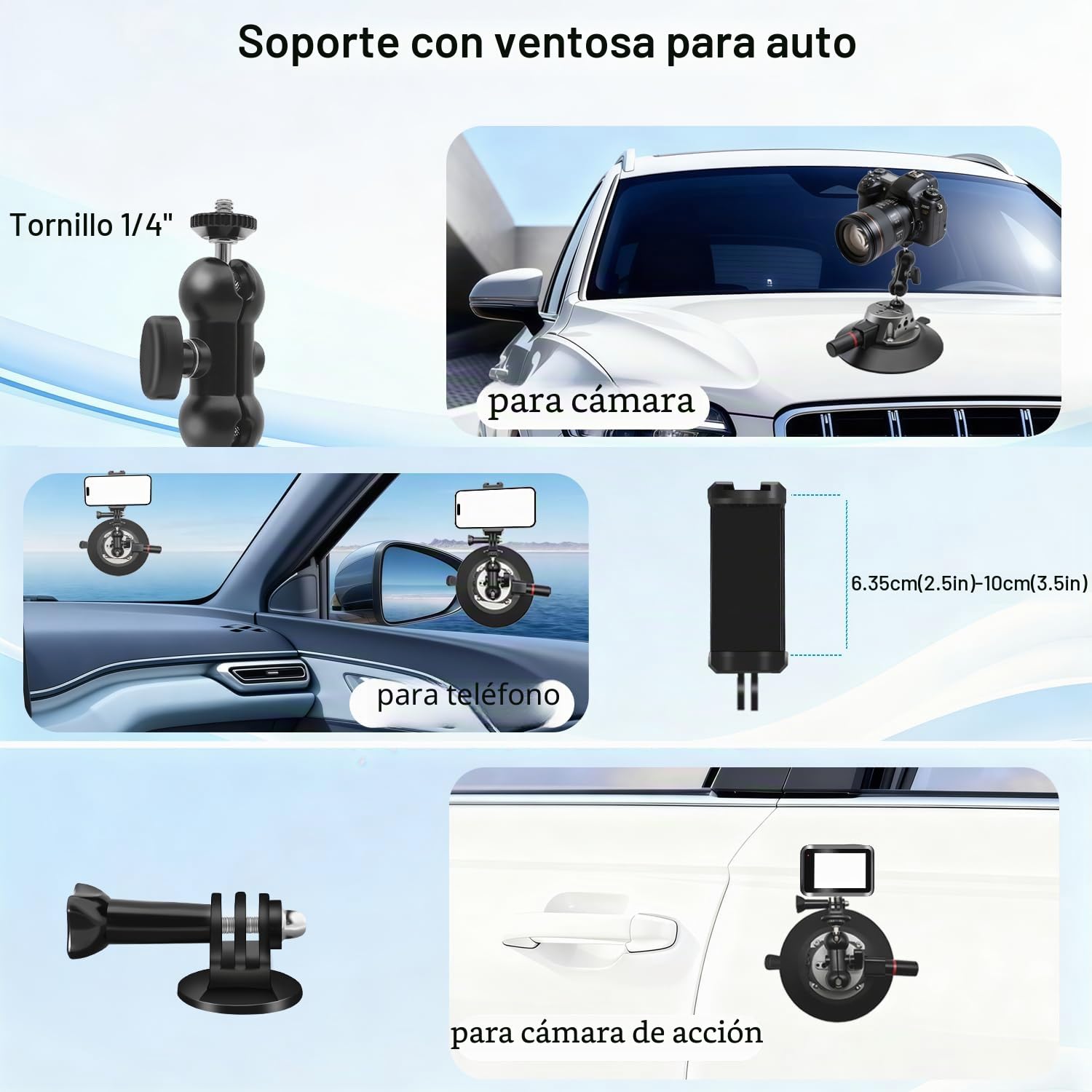 6" Coche DSLR Cámara Ventosa Soporte Ventana Alta Resistencia | Ventosa 50kg/110lb, Triple Cierre, 70mph, Roscas 1/4&3/8, con DSLR Acción Cámara , Aluminio Antivibración, Montaje Rápido