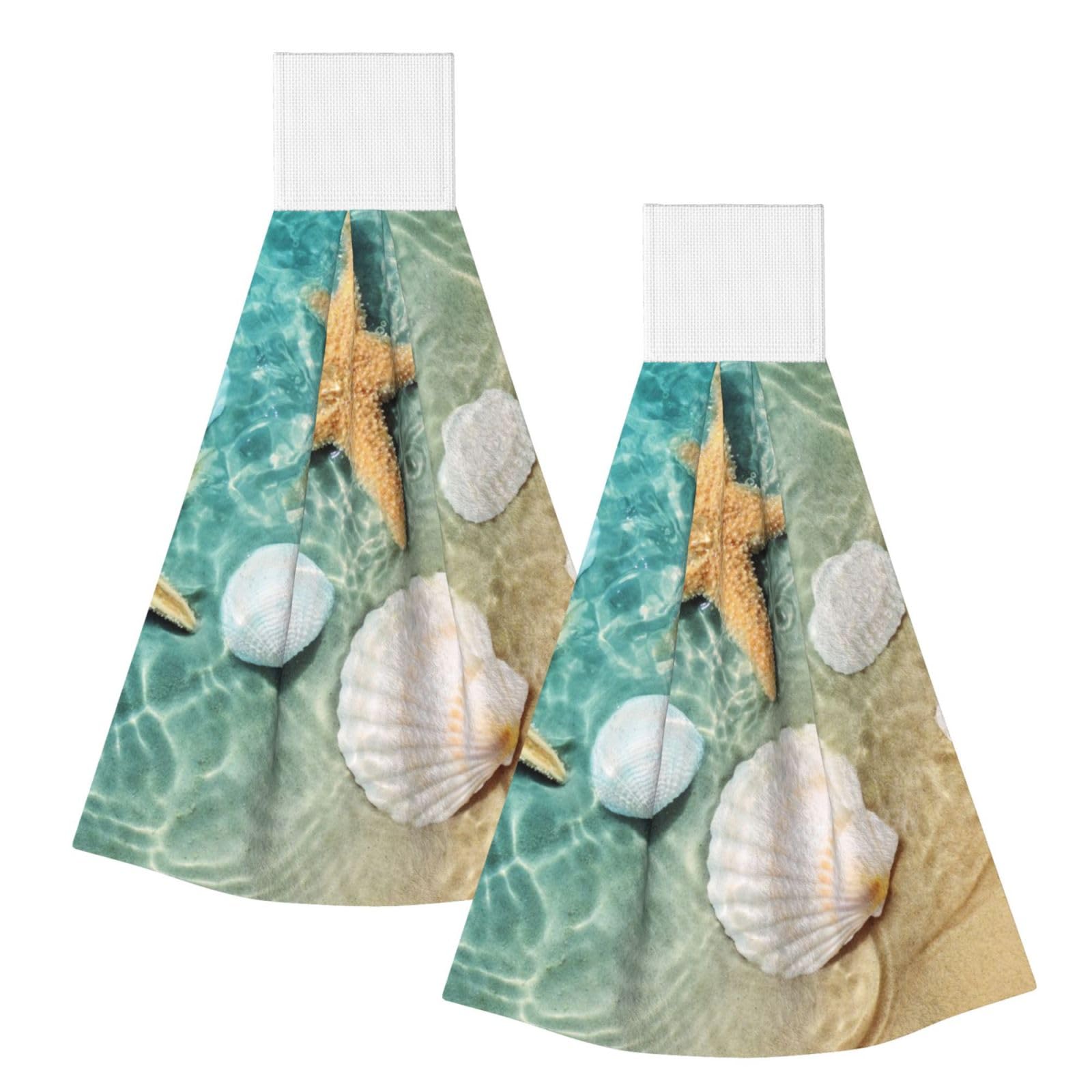 DOPKLNA Beach Starfish Seashells, 2 Pcs Hanging Coral Fiber Hand Towels for Bathroom, Absorbent Kitchen Towels