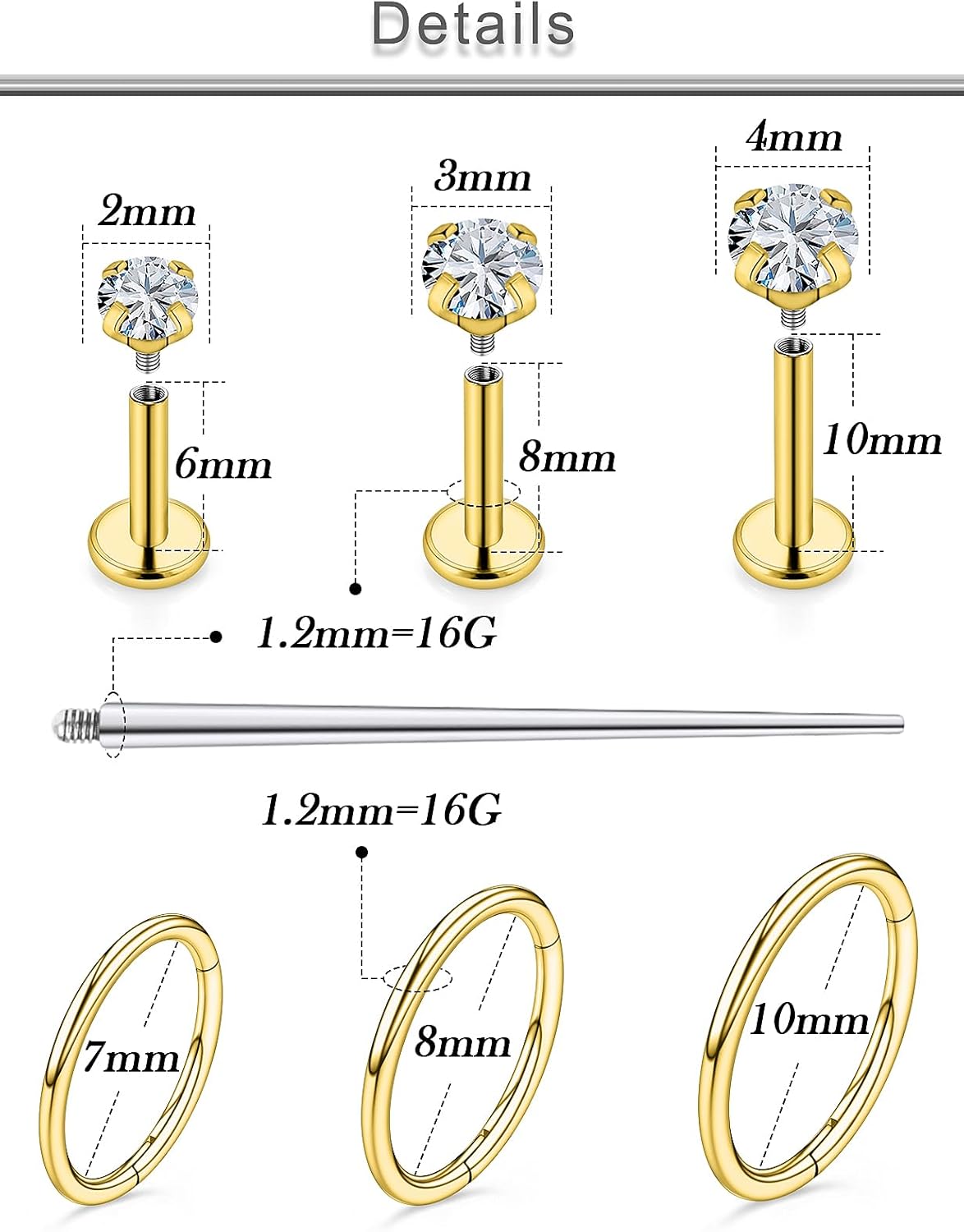18G 16G Lip Labret Nose Rings Studs Flat Back Earrings 316L Surgical Steel Snake Bites Lip Medusa Monroe Rings Push in Cartilage Tragus Helix Conch Earrings Studs 6mm 8mm 10mm - Image 2