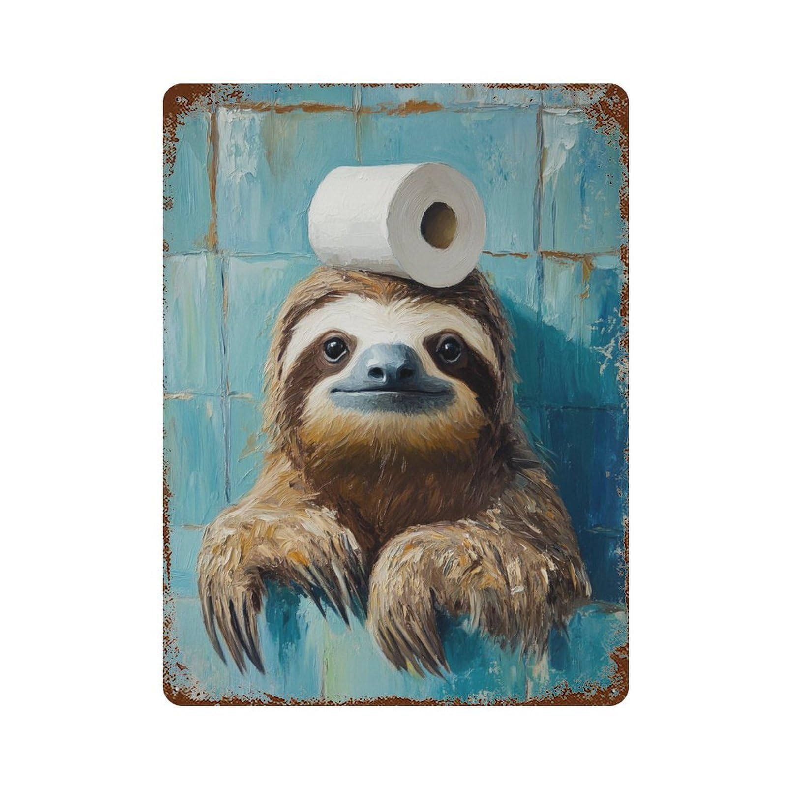 Rust Effect Sloth with Toilet Paper on Head-5 Rustic Tin Plaque 15.7"x11.8", Classic Wall Plaque for Shed, Workshop And Garage Wall Decor