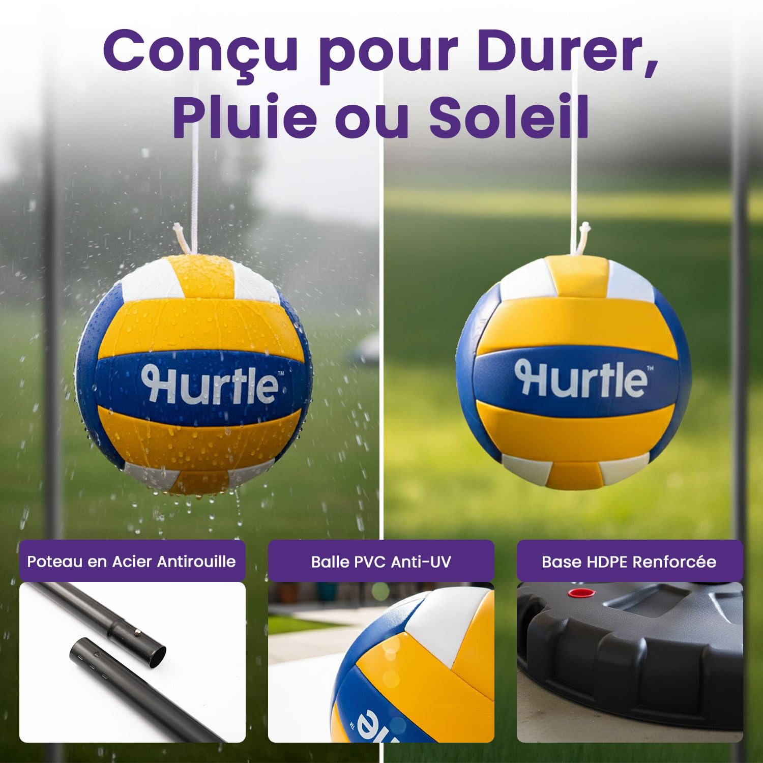 Hurtle Jeu de Tetherball Extérieur Réglable 1,2-2,7 m Set Complet Base Lestable Balle Corde Jardin Stable