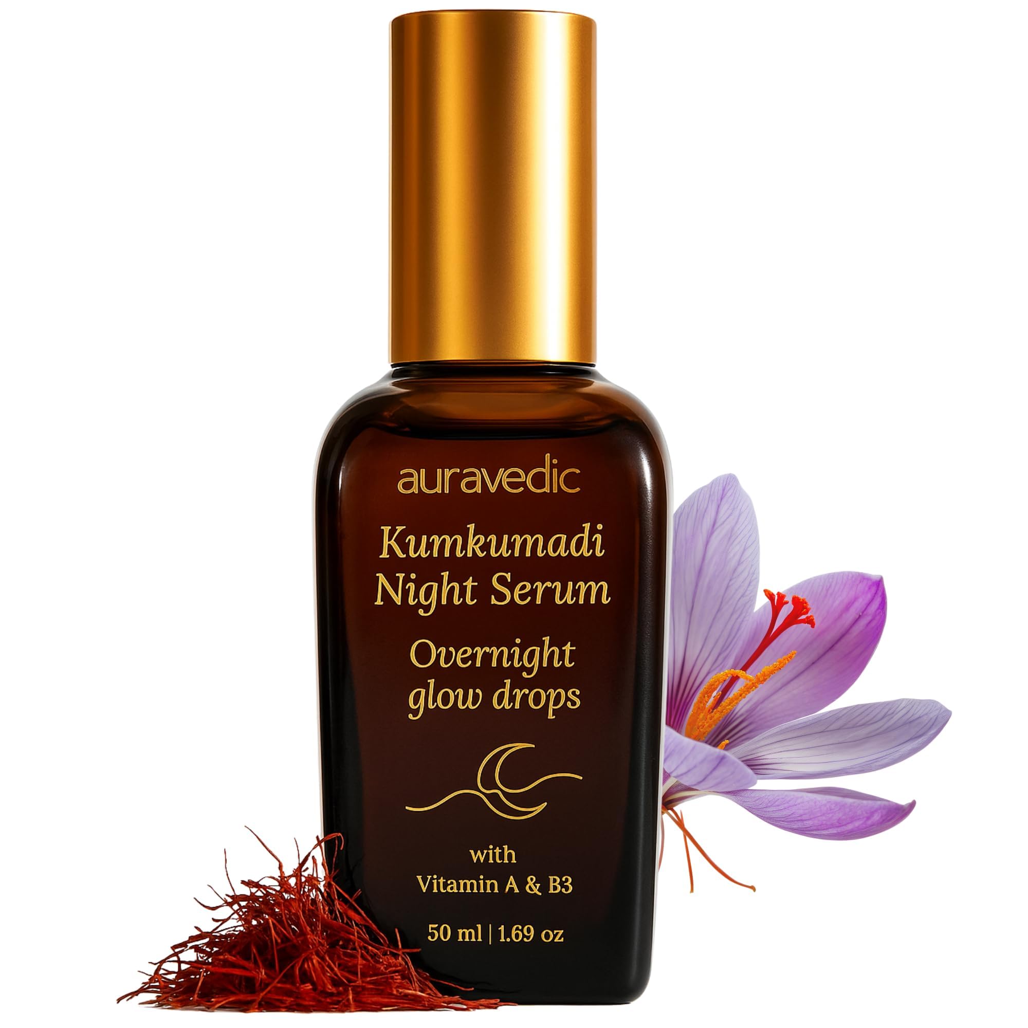 Auravedic Kumkumadi Tailam Night Serum | Ayurvedic Face Oil with Saffron & Vitamin B3 | Plant Based Overnight Moisturizer for Soft, Refreshed Skin | 1.69 Fl Oz (50ml)