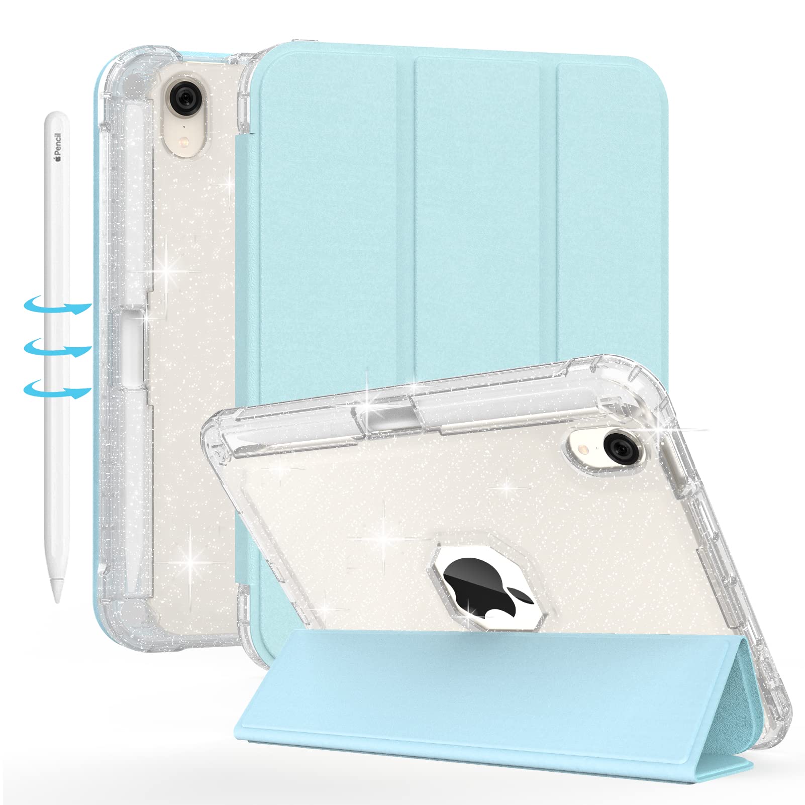 Sevrok iPad Mini 6 Case/iPad Mini 6th Generation Case 8.3 Inch (2021) Glitter Sparkly Build-in Pencil Holder Supports Wireless Pairing and Charging Smart Sleep/Wake Soft Clear Back Cover (Blue)