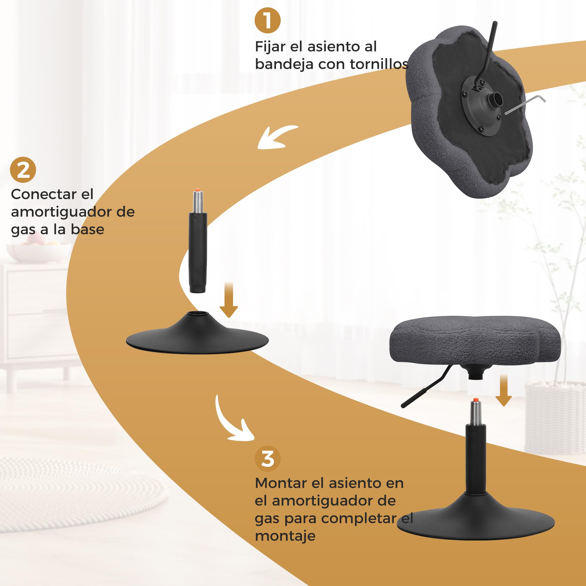 ELUCHANG Taburete de Tocador en Forma de Pétalo, Silla Tocador Maquillaje para Dormitorio - Altura Ajustable 40-52cm, Giratorio 360°, Tejido Sherpa Transpirable Gris
