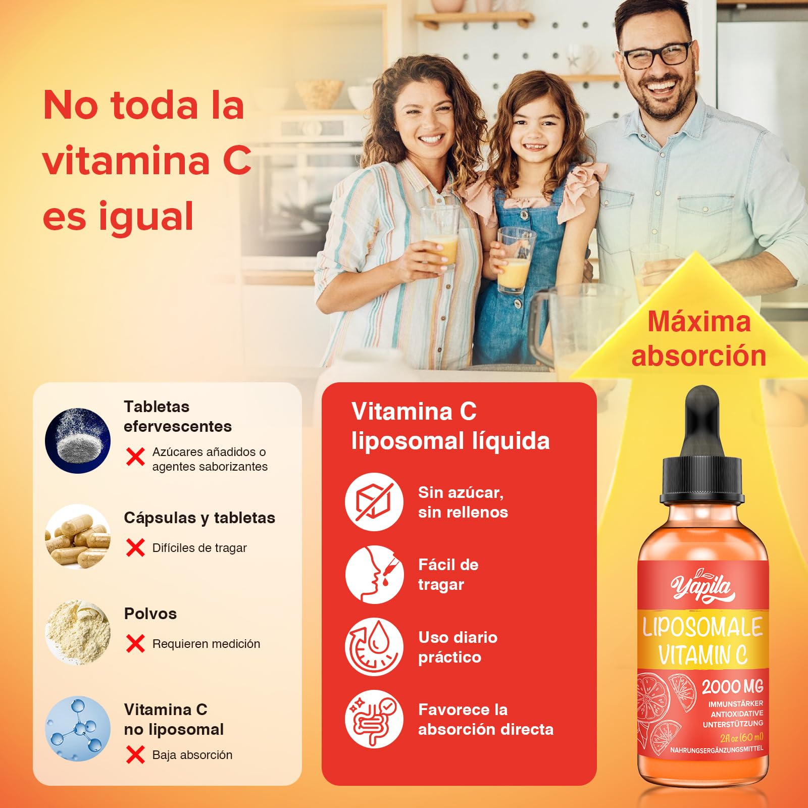 Vitamina C Liposomal 2000 mg, Suplemento Líquido con Ascorbato (6 Botellas) | Absorción Mejorada, Fórmula Vegana de Alta Potencia, Sin Gluten y Sin Soja