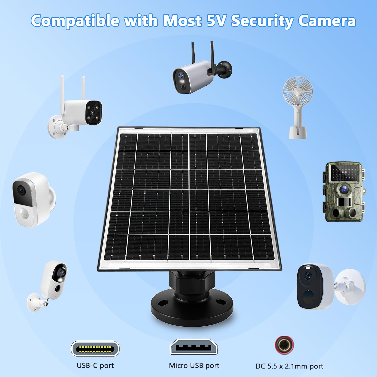 Zivif Panneau solaire pour caméra de sécurité, chargeur solaire 10 W compatible avec appareil photo alimenté par batterie, USB-C, micro USB et port DC 5,5 x 2,1 mm, support réglable à 360°, câble de
