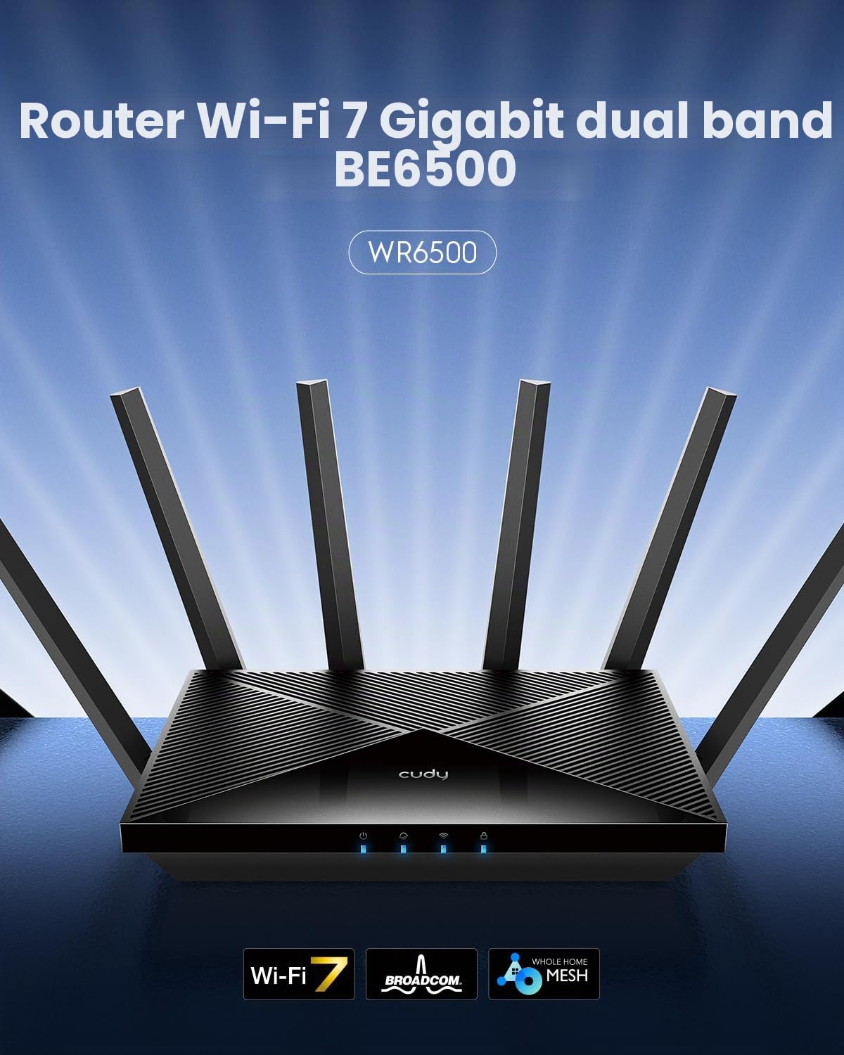Router Cudy BE6500 WiFi 7 Dual Band Gigabit Gaming, 6500 Mbps, client e server VPN, compatibile con Cudy Mesh e APP, CPU Broadcom quad-core da 2 GHz, WR6500