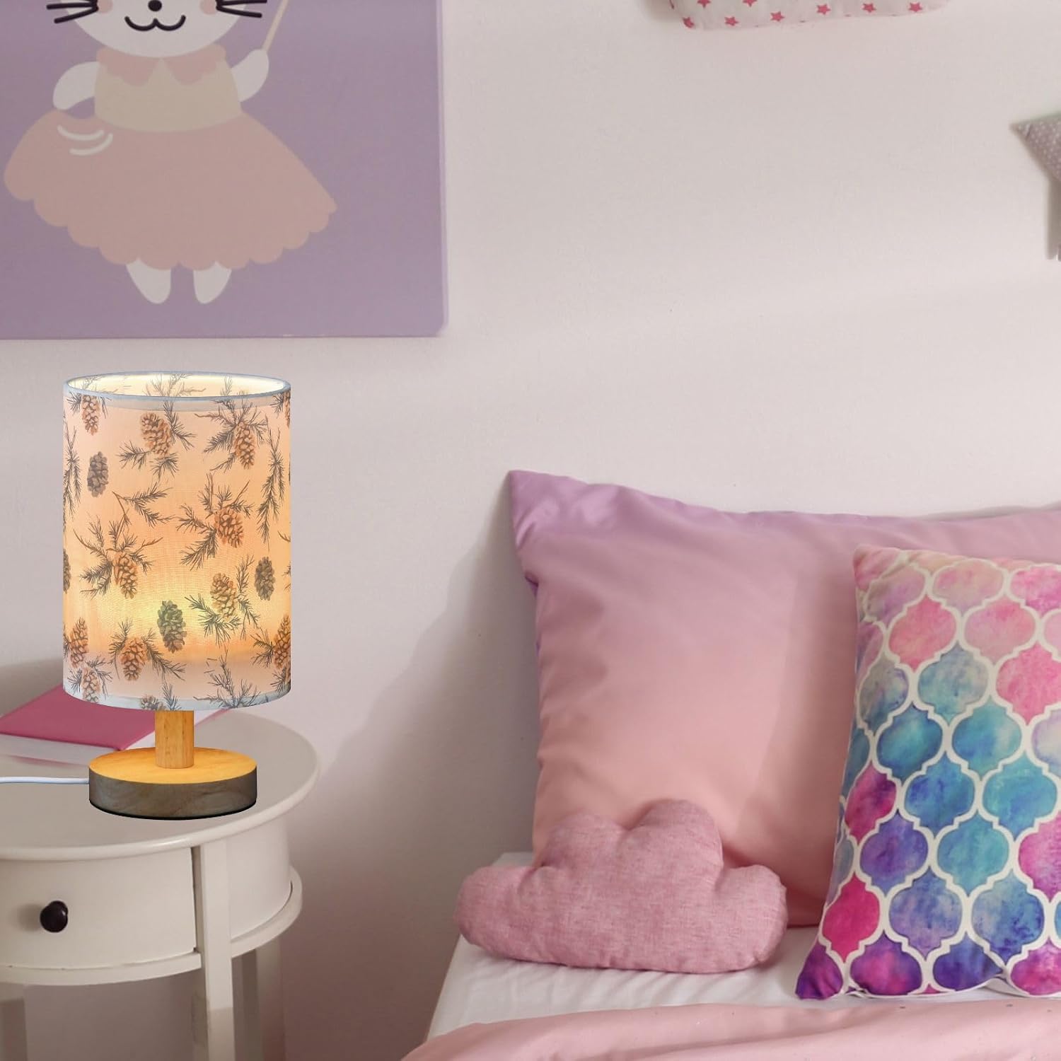 Winter Pine Cones Pine Needle Brown and Beige Bedside Table Lamps with USB Port for Bedroom Lamp Accent Table Lamp Small Nightstand Lamp Sturdy Linen Shade Wood Decorative Lamps for Home|Kids|Holiday