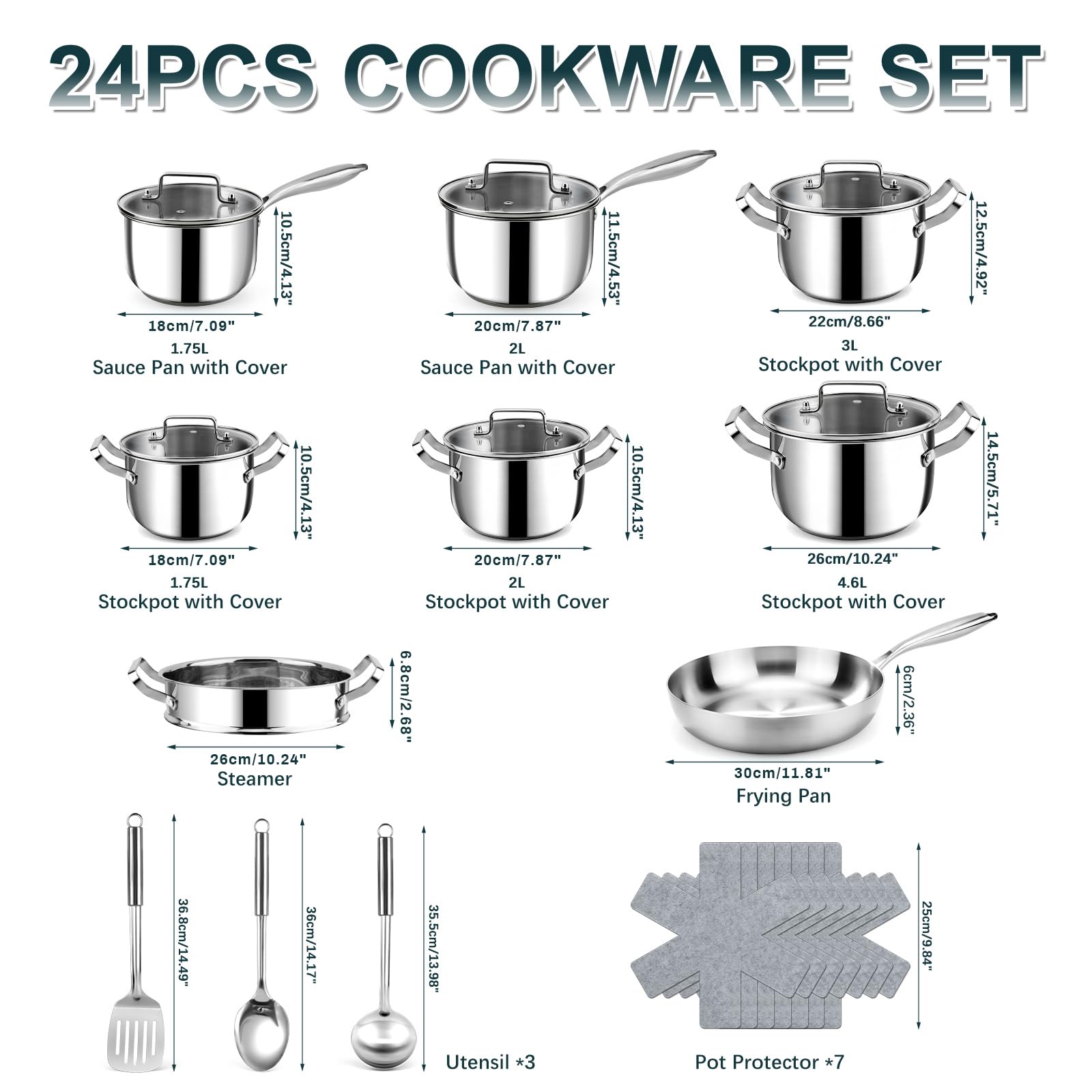 Edelstahl Topfset - 24-teilig Kochgeschirr-Set mit Glasdeckeln - 30 cm Bratpfannen & Kochtopf(18/20/22/26CM) - Ergonomische Nietengriffe, Profi-Qualität für alle Herdarten