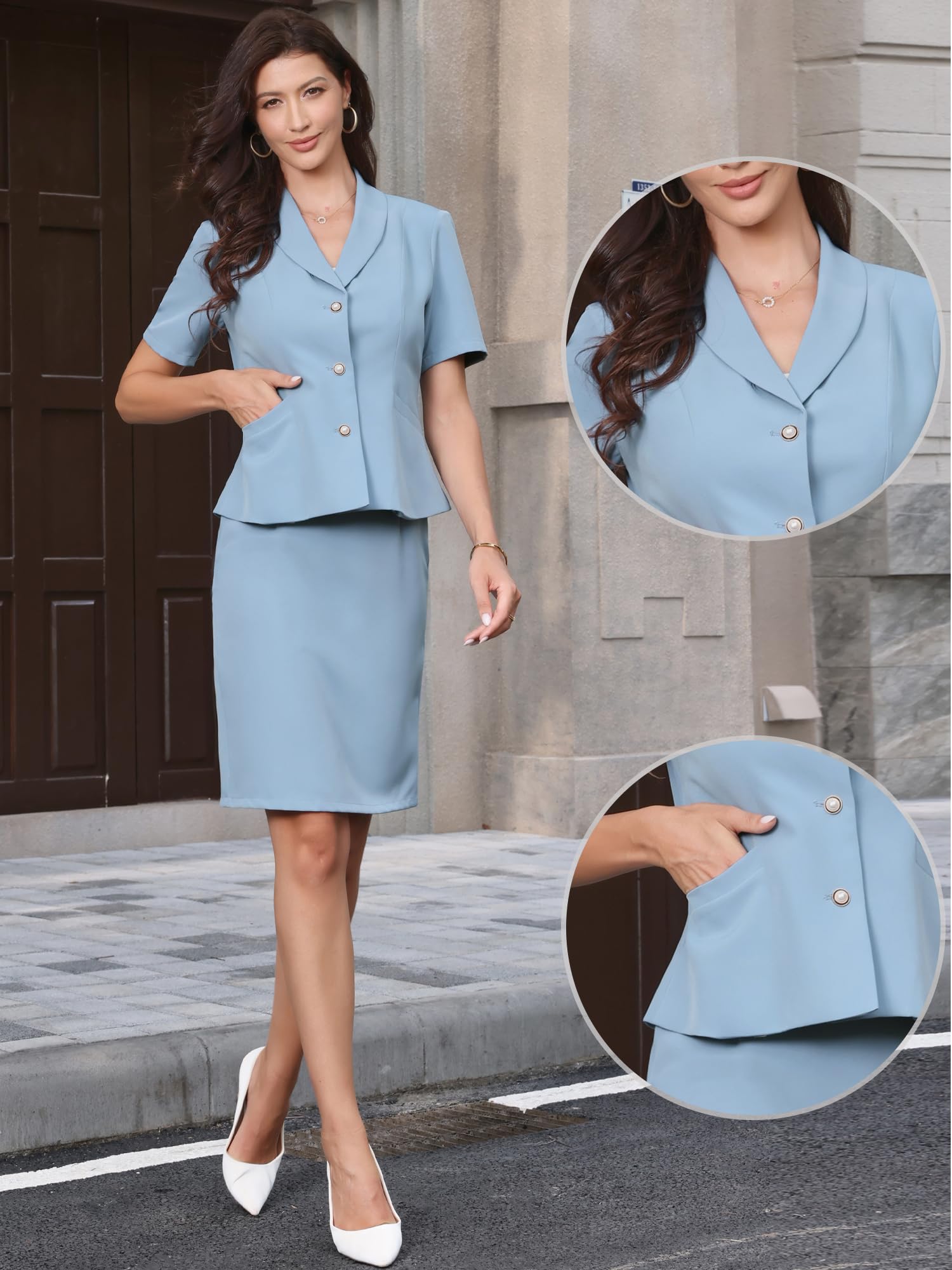 Allegra K Ensembles Tailleur 2 Pièces pour Femmes Blazer à Manches Courtes et Jupe Crayon Tenues Formelles et Décontractées pour Le Bureau