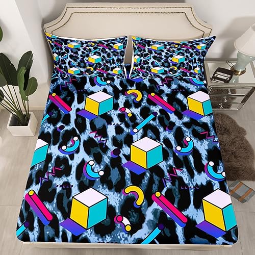 Miniatura 2 de Juego de sábanas con estampado de leopardo azul tamaño queen sábanas de piel de animales salvajes vintage de los años 80 y 90 de Memphis para hombre