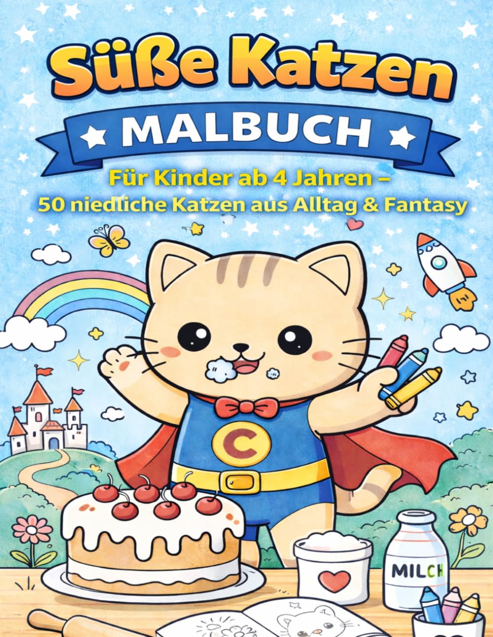 Süße Katzen Malbuch für Kinder: Dieses liebevoll gestaltete Malbuch enthält 50 niedliche Katzenmotive aus Alltag und Fantasy