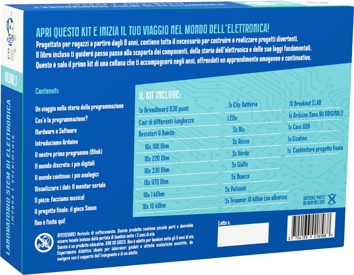ELAB – Laboratorio STEM di Elettronica Volume 3 | Kit Didattico Coding con Arduino™ Nano R4 Originale, Manuale Guidato, Breadboard e Componenti per Progetti | Arduino™ Nano R4 Originale, Manuale Guidato, Breadboard, Componenti per Progetti