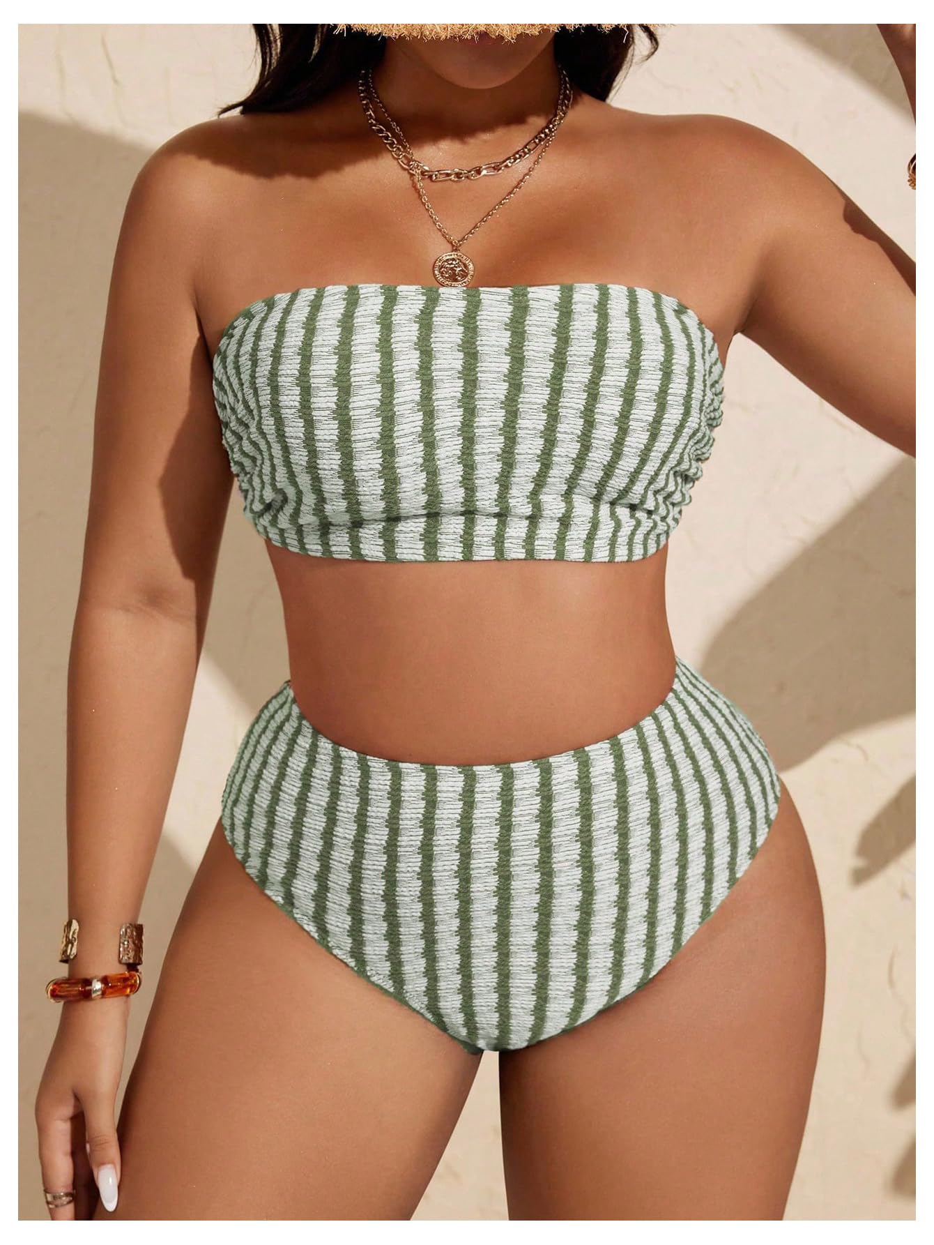 Women's Plus Size 2 Piece High Waist Bikini Set Striped Bandeau Top Tummy Control Bathing Suits Swimwear(Green,Large Plus)