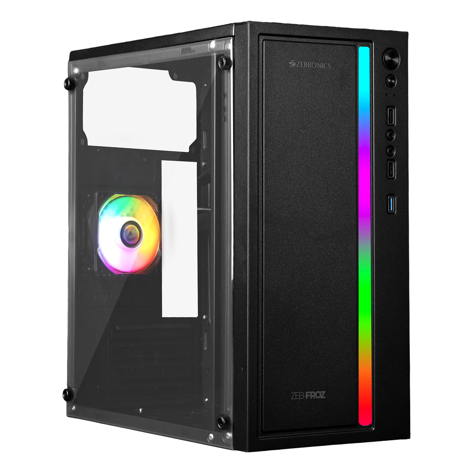 Zebronics New Launch Gaming Chassis, Micro ATX/Mini ITX, 80mm Rear Inner Glow Multicolor Fan, USB 3.0, 2X USB Ports, Acrylic Side Panel, Front Panel Multicolor Light Strip, Top-Mounted PSU (Froz)