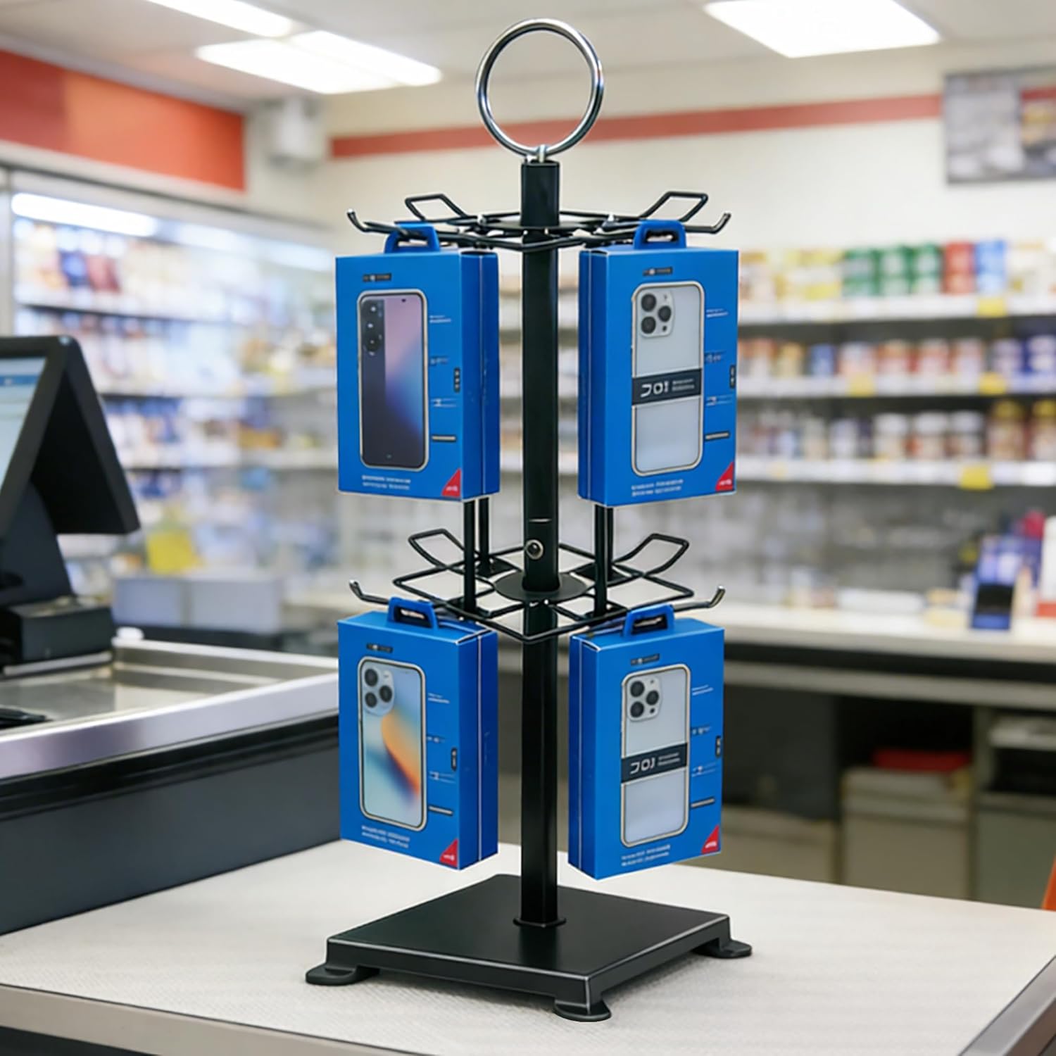 FixtureDisplays® 8.6" W x 8.6" D x 20.5" H Retail Countertop Spinner Black Rack with Hook Display for Small Blister-Pack Items 15375-NEW1-NF