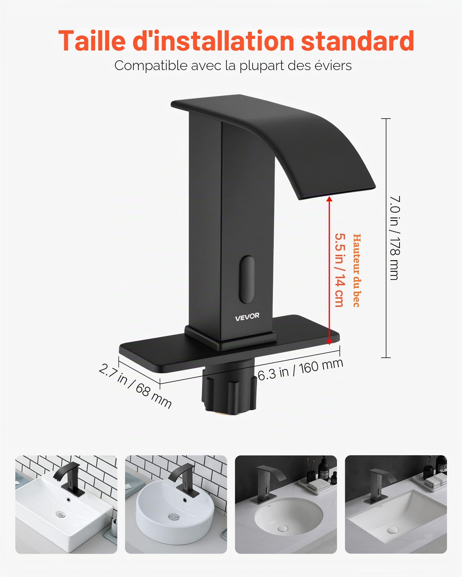 VEVOR Robinet Automatique sans Contact, Mitigeur Lavabo Cascade à Capteur de Mouvement, Mélangeur d’Eau Chaude et Froide avec Plaque de Protection, pour Tuyau 9,5 mm, Bar Cuisine Salle de Bain, Noir