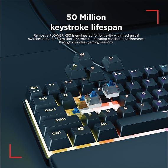 Rampage Plower K60 Mechanical Gaming Keyboard 62 Keys, LED Backlit, Anti-Ghosting, 1.5M USB Wired, Compact 60% Layout, Windows & Mac Compatible, Black(Blue Switch)