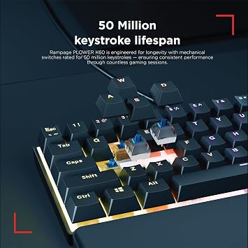 Rampage Plower K60 Mechanical Gaming Keyboard 62 Keys, LED Backlit, Anti-Ghosting, 1.5M USB Wired, Compact 60% Layout, Windows & Mac Compatible, Black(Blue Switch)