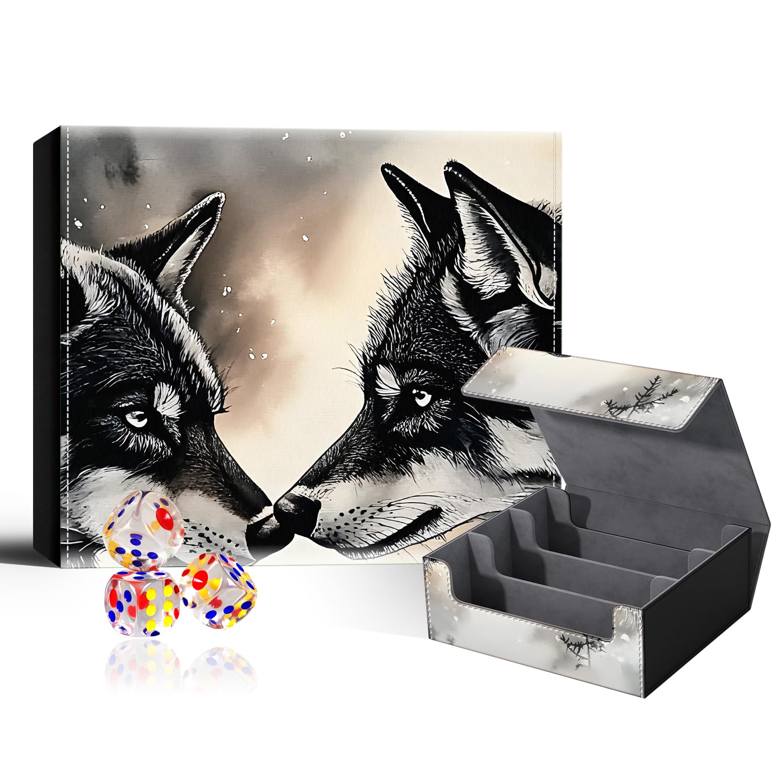 VOGDMKJG Trading Card Deck Box Fit 1800+ Single Sleeved Cards,PU Leather Magnetic Closure Card Storage Box With 3 Dice For MTG/TCG/PTCG/Magic/Sport Card Storage Case Large 3 ROW Design Black Wolf
