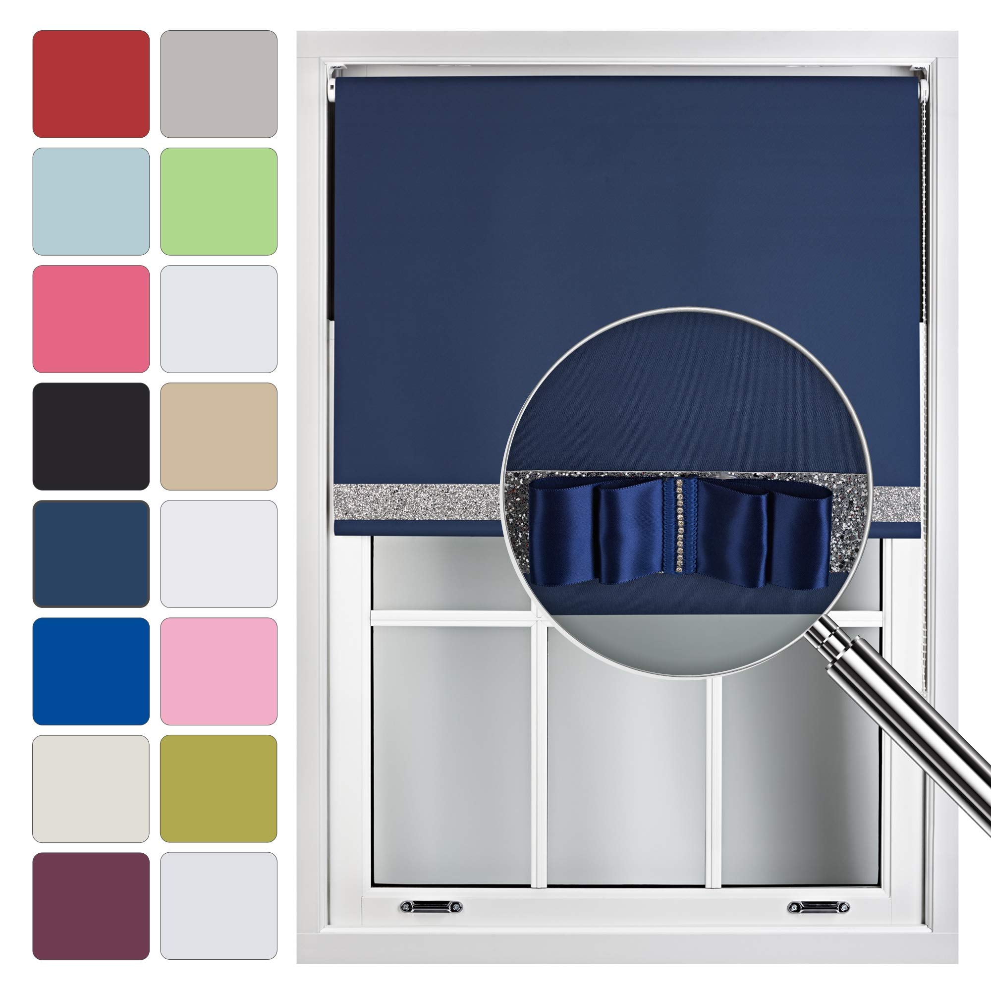 Furnished Navy Blackout Roller Blinds Made To Measure With Glitter Trim & Bow - Blue 60Cm X 165Cm