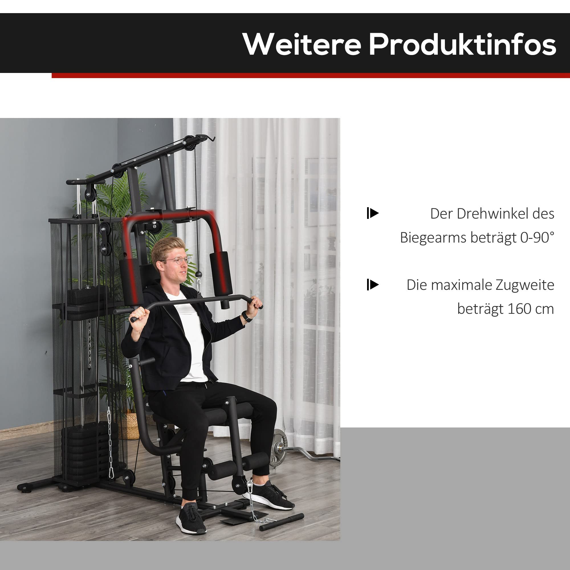 HOMCOM Kraftstation Fitnessstation Fitnessgerät bis 120kg Multifunktion Krafttraining Multistation Trainingsstation mit Latzug Butterflystange 45kg Gewichten Seil, Fitnessgeräte für Zuhause
