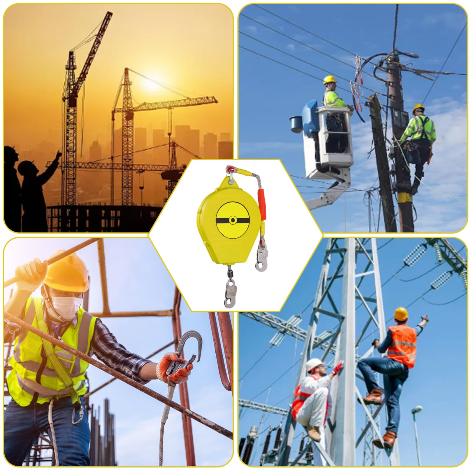 Dispositivo Anticaduta Retrattile Certificato, 150kg Imbracatura di Sicurezza Anticaduta Tetto, 3-20m Dispositivo Retrattile di Sicurezza Anticaduta Lavoro Aereo(Giallo,20 metri)