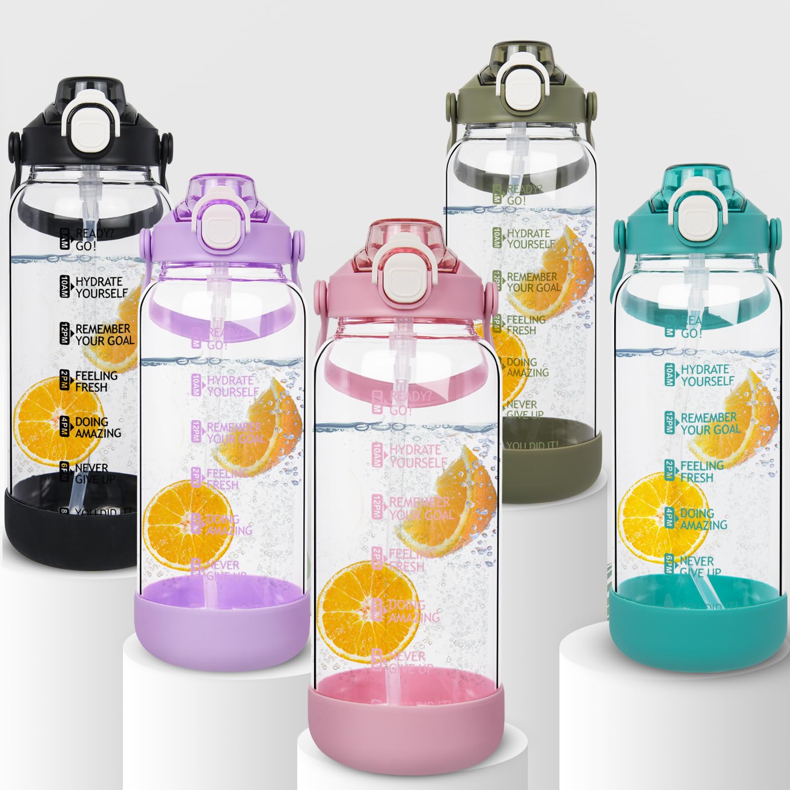 2l Sport Gourde Verre avec Paille & Infuseur à Fruits 2 litres grande Bouteille d'eau Verre avec Marqueur de Temps & Heure de Motivation