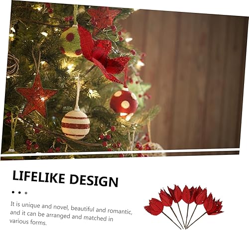Miniatura 5 de Amosfun 6 piezas de flores artificiales de Navidad, decoración del hogar, flores rojas, magnolia, hojas de nochebuena con purpurina, flores de