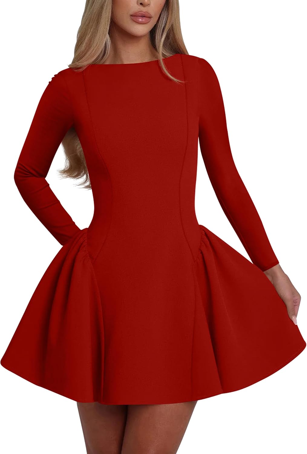 YMDUCH Women's Elegant Long Sleeve Crew Neck Backless A-line Mini Party Prom Dress