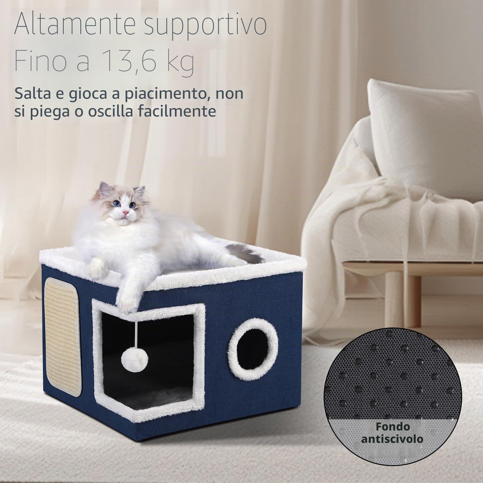 Cuccia per gatti pieghevole per Gatti indoor, 43*43*32 cm, grande cuccia per gatti con accogliente cuccia, palla sospesa, finestra rotonda, cubo per gatto a 2 strati con morbidi cuscini bifacciali,Blu
