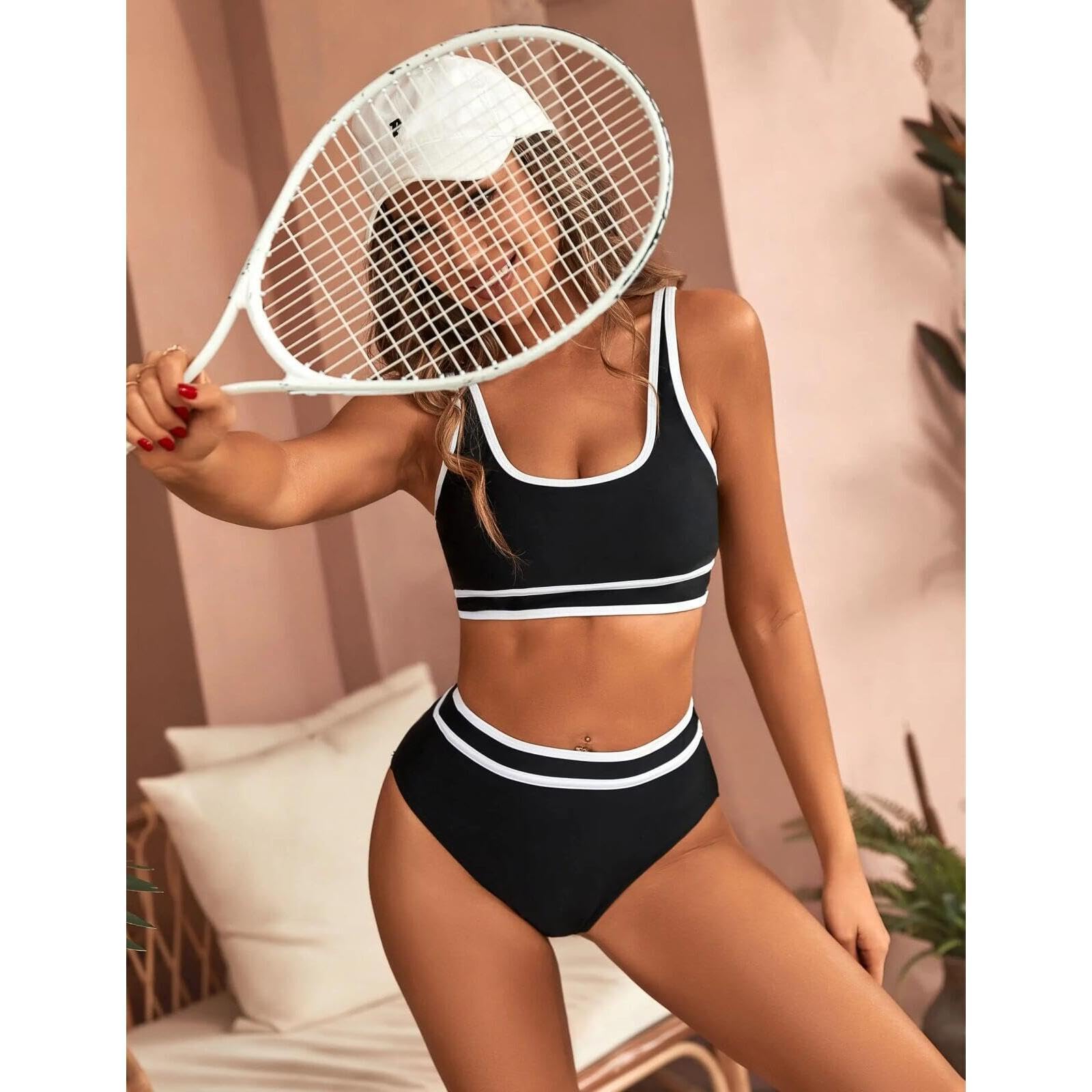 Set Bikini a Vita Alta da Donna Costumi da Bagno Sportivi a Due Pezzi Color Block sfrontati S-XL Purple NAN_L