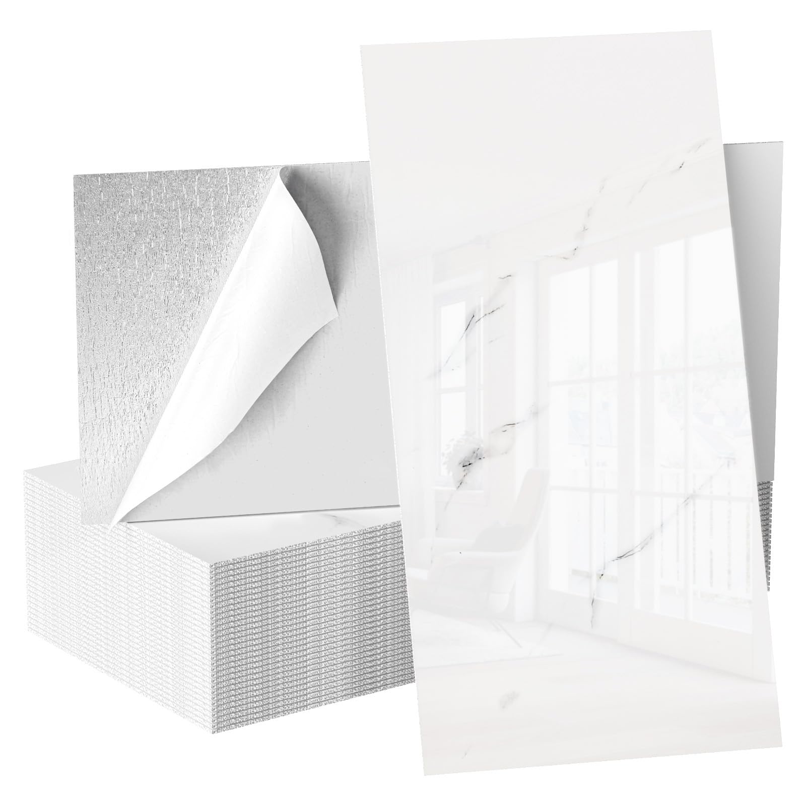 White Peel and Stick Marble Tile Stickers, 30 x 60 cm Large Self Adhesive Wall Tiles, 40 Pack PVC Marble Tile Decals for Kitchen Backsplash Bathroom Wall Decor, Water Resistant Removable Tile Film