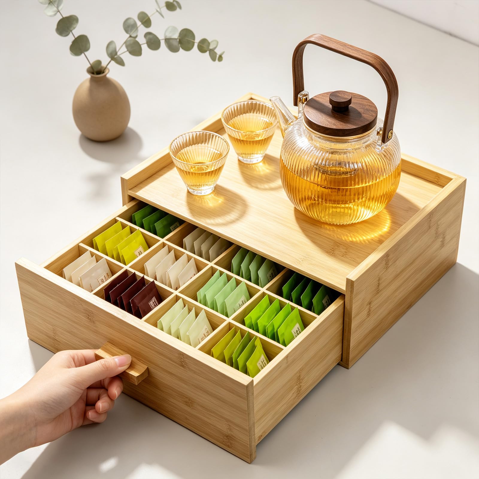 Boîte de rangement en bambou marron avec tiroir, 12 compartiments pour comptoir de thé, boîte à thé en bois naturel pour dosettes de café, sachets de sucre, sachets de thé
