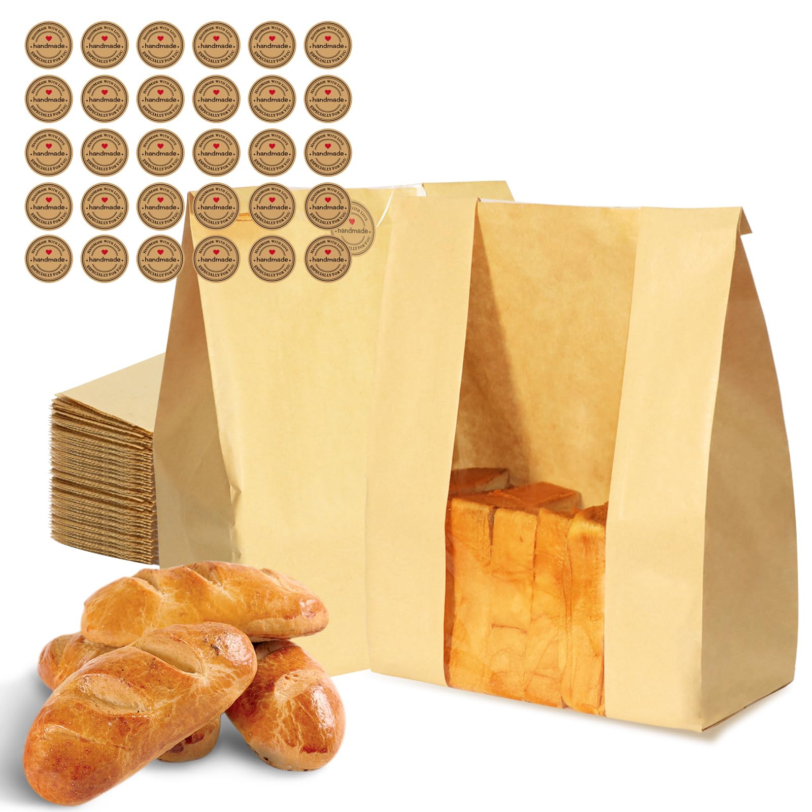 60PCS Bread Bags for Homemade Bread Paper Sourdough Bread Bags Large Bakery Bags with Window for Baked Food Packaging Storage Gift Giving Includes