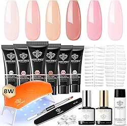 Modelones Kit de Unhas de Gel Poly 6 Cores com Lâmpada de 8 W - Gel Jelly nas Cores Rosa, Branco, Rosa Nude. Ferramentas Completas e Soluções de Espessamento, Ideal para Iniciantes e para Fazer Você Mesmo em Casa.
