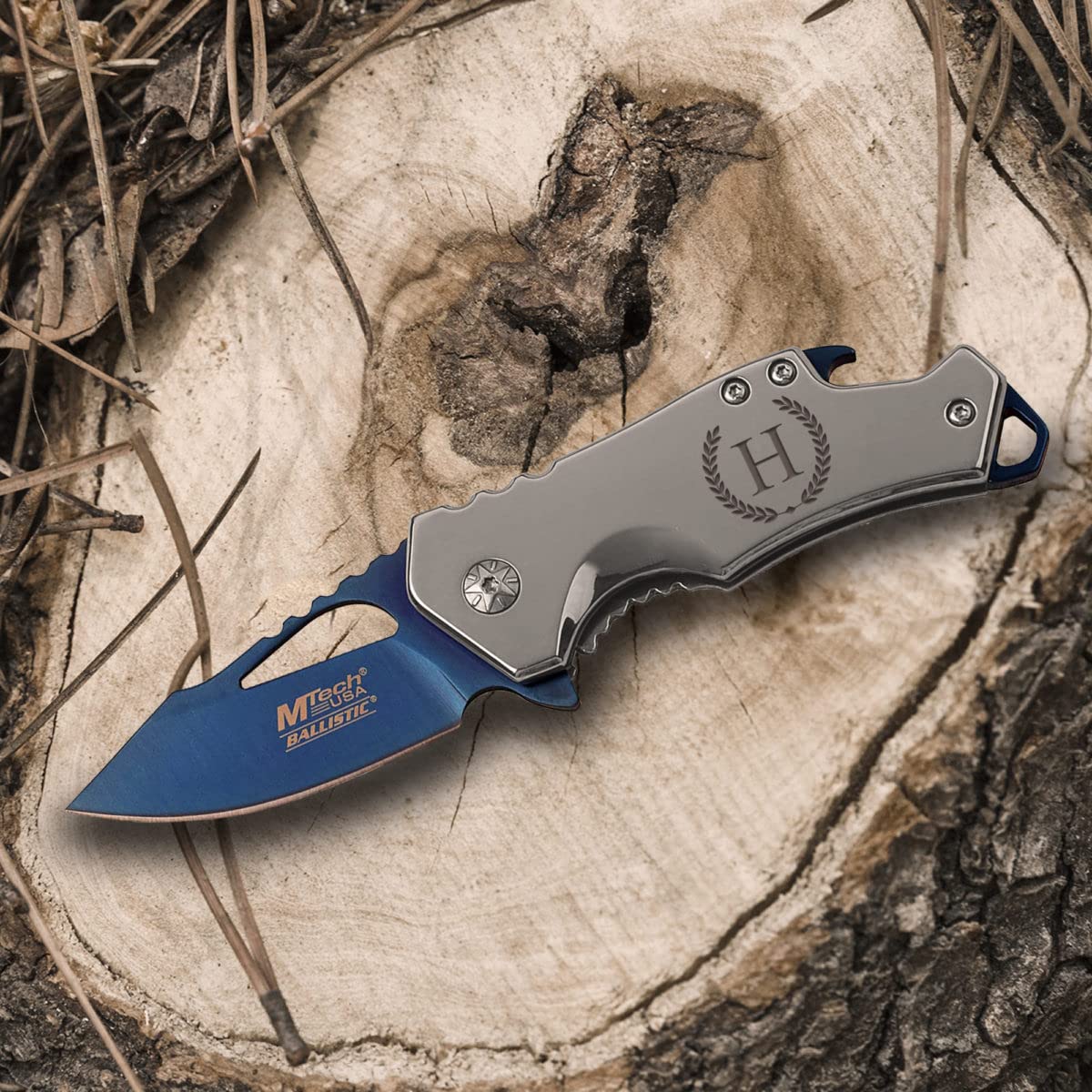 Sofia's Findings Personalized Laurel Monogram 5.75 Tactical Pocket Knife with Bottle Opener - Silver