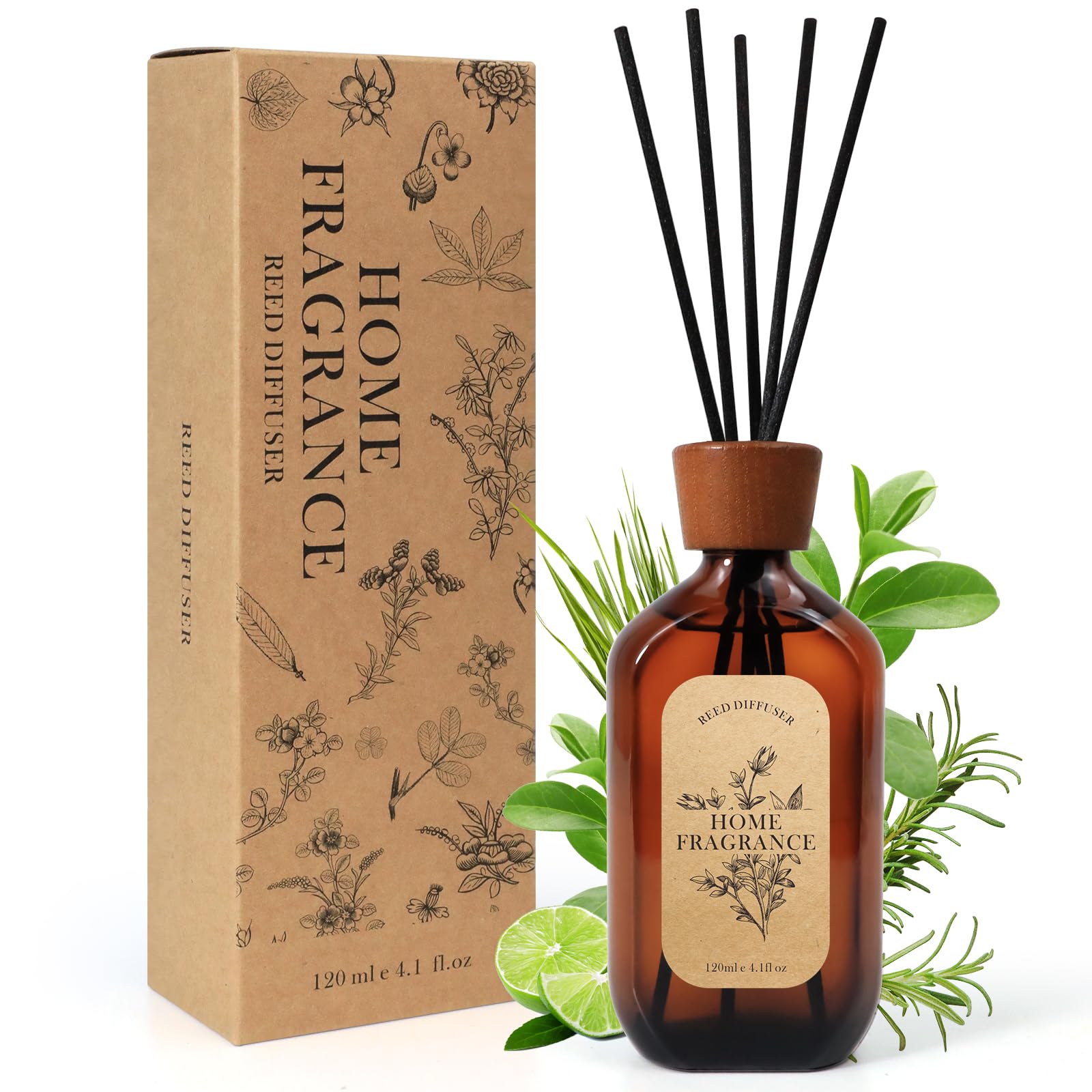 Reed Diffuser, Fragrance Diffuser for Home Scented, Reed Diffuser Set with 6 Reed Diffuser Sticks, Home Fragrance Products Lemongrass&Lime 4.1 oz for Mom