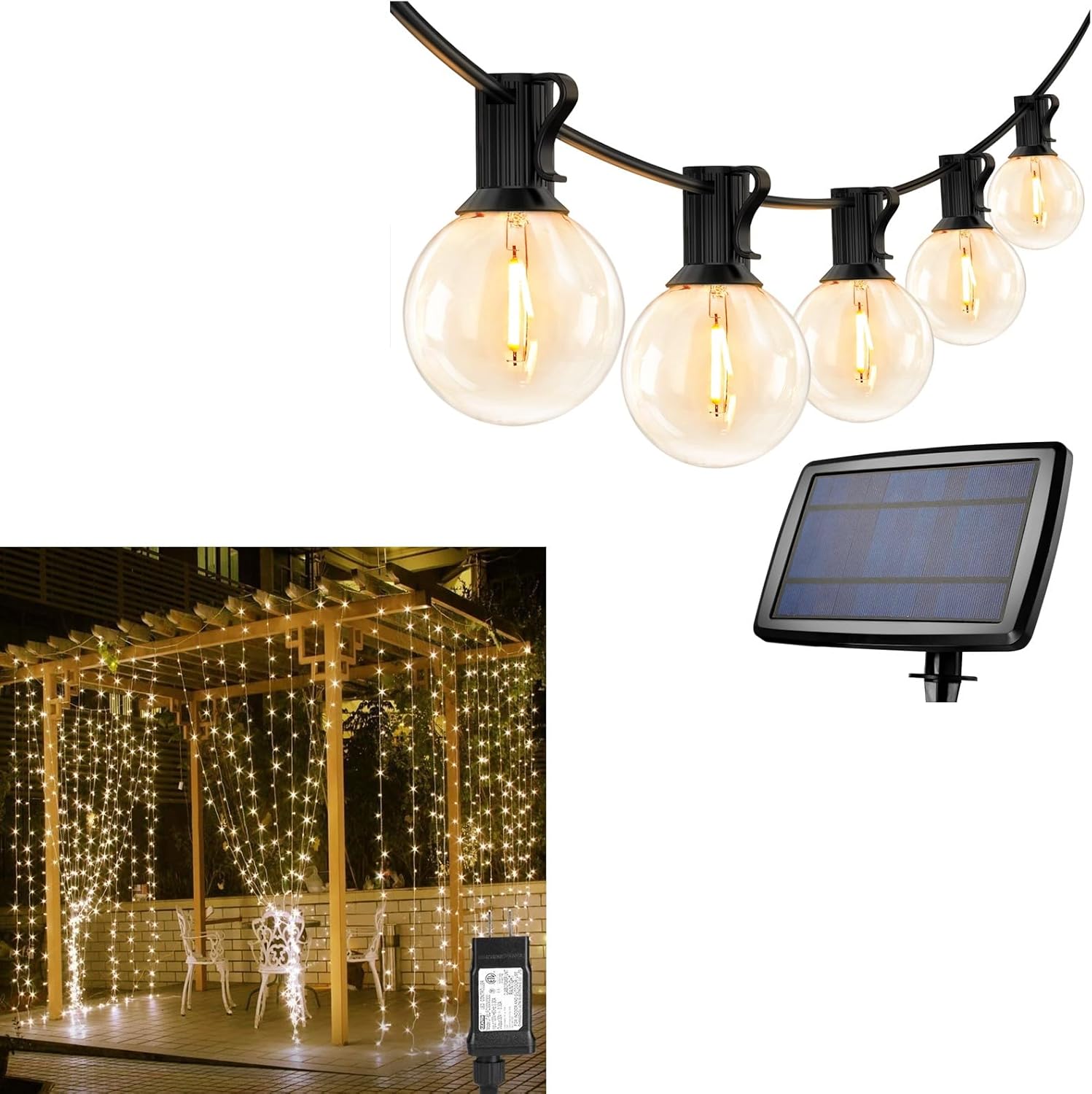 Lighting EVER Bundle - 306 LED Curtain Lights & 25 ft Solar Outdoor String Lights, Patio String Lights for Porch, Backyard, Deck, Garden, Gazebo, Pergola