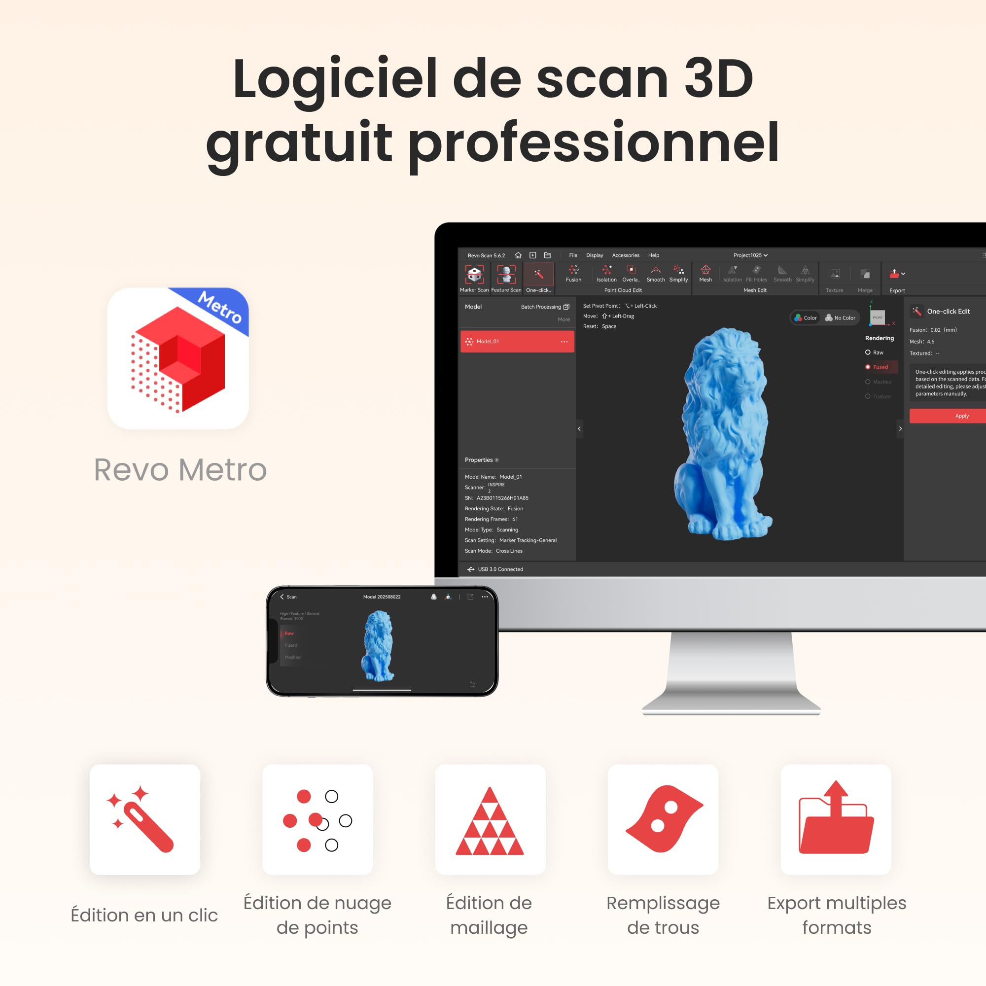 Revopoint INSPIRE 2 Scanner 3D pour impression 3D, précision jusqu’à 0,03 mm, laser multi-lignes et lumière structurée, numérisation sans fil et en extérieur, scans en couleur, Premium