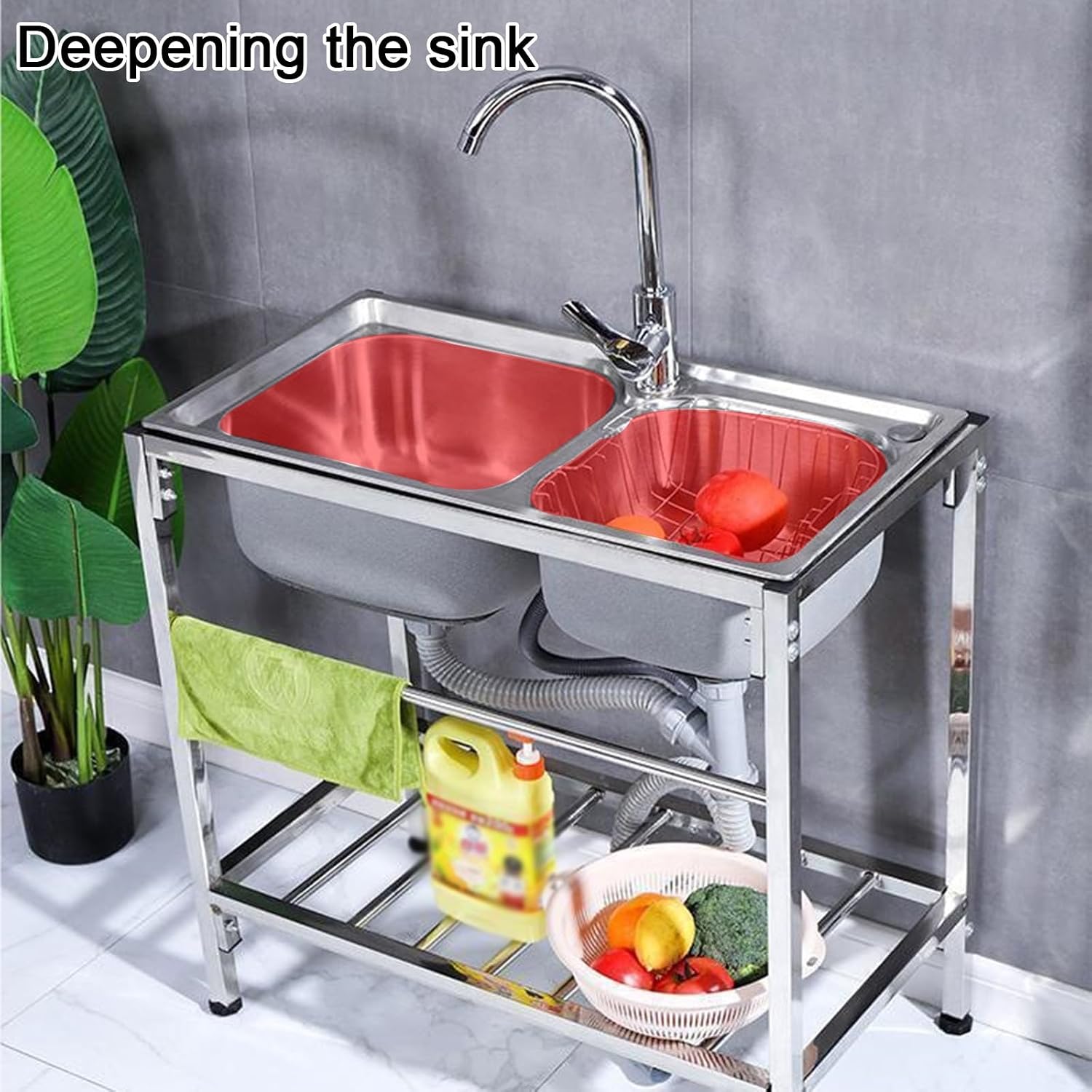 Stainless Steel Sink Double-bowl Kitchen Sinks with Bracket Commercial-grade Adjustable Legs Reinforced Beam Large Opening Ample Storage Space(30.3x16.5x29.5")